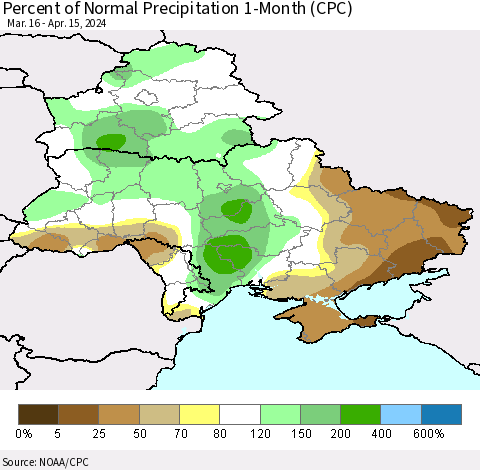 Ukraine, Moldova and Belarus Percent of Normal Precipitation 1-Month (CPC) Thematic Map For 3/16/2024 - 4/15/2024