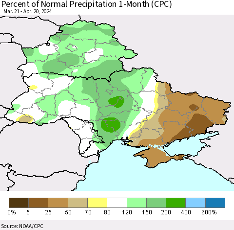 Ukraine, Moldova and Belarus Percent of Normal Precipitation 1-Month (CPC) Thematic Map For 3/21/2024 - 4/20/2024