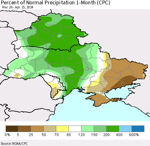 Ukraine, Moldova and Belarus Percent of Normal Precipitation 1-Month (CPC) Thematic Map For 3/26/2024 - 4/25/2024