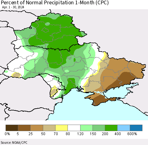 Ukraine, Moldova and Belarus Percent of Normal Precipitation 1-Month (CPC) Thematic Map For 4/1/2024 - 4/30/2024