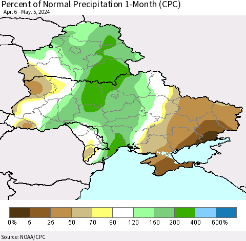 Ukraine, Moldova and Belarus Percent of Normal Precipitation 1-Month (CPC) Thematic Map For 4/6/2024 - 5/5/2024