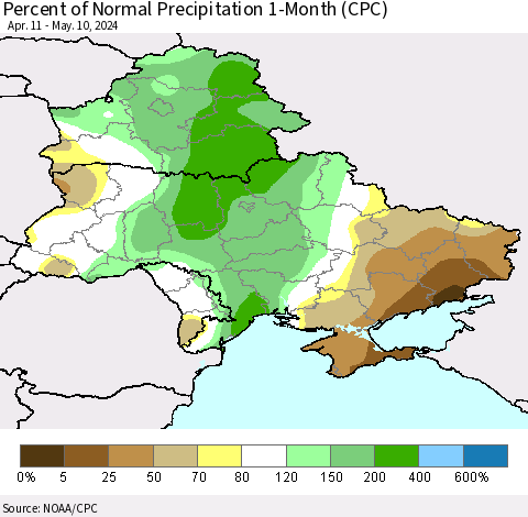 Ukraine, Moldova and Belarus Percent of Normal Precipitation 1-Month (CPC) Thematic Map For 4/11/2024 - 5/10/2024