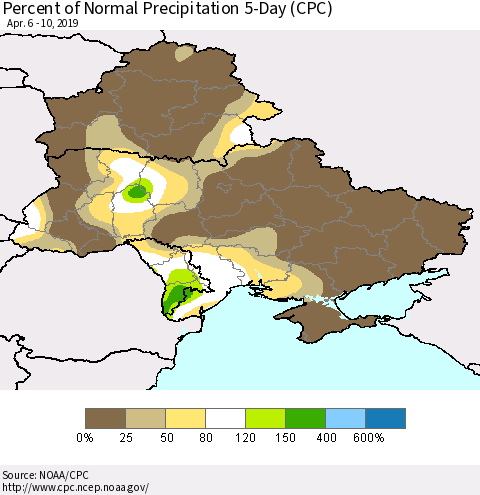 Ukraine, Moldova and Belarus Percent of Normal Precipitation 5-Day (CPC) Thematic Map For 4/6/2019 - 4/10/2019