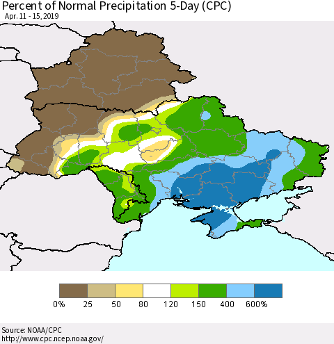Ukraine, Moldova and Belarus Percent of Normal Precipitation 5-Day (CPC) Thematic Map For 4/11/2019 - 4/15/2019