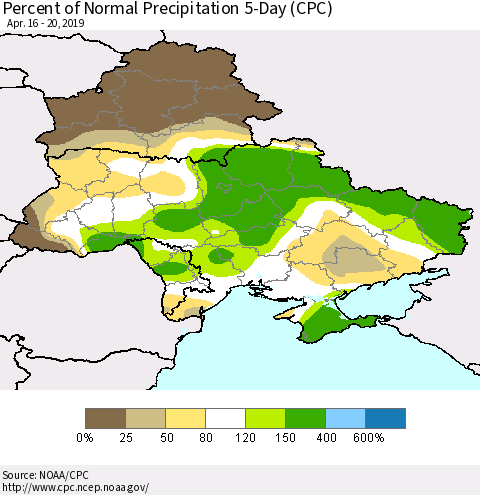Ukraine, Moldova and Belarus Percent of Normal Precipitation 5-Day (CPC) Thematic Map For 4/16/2019 - 4/20/2019