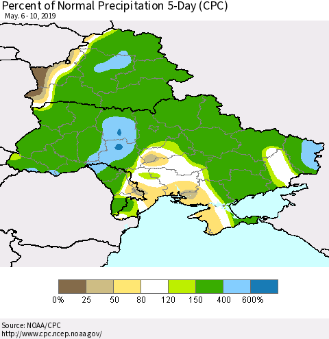 Ukraine, Moldova and Belarus Percent of Normal Precipitation 5-Day (CPC) Thematic Map For 5/6/2019 - 5/10/2019