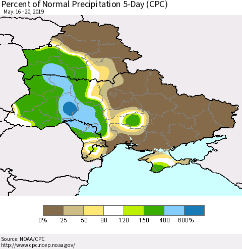 Ukraine, Moldova and Belarus Percent of Normal Precipitation 5-Day (CPC) Thematic Map For 5/16/2019 - 5/20/2019