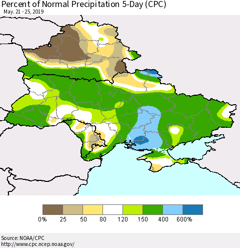 Ukraine, Moldova and Belarus Percent of Normal Precipitation 5-Day (CPC) Thematic Map For 5/21/2019 - 5/25/2019
