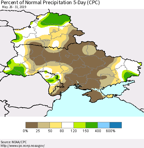 Ukraine, Moldova and Belarus Percent of Normal Precipitation 5-Day (CPC) Thematic Map For 5/26/2019 - 5/31/2019