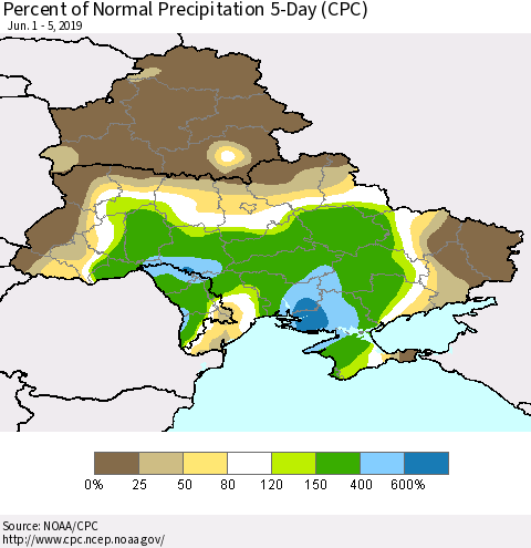 Ukraine, Moldova and Belarus Percent of Normal Precipitation 5-Day (CPC) Thematic Map For 6/1/2019 - 6/5/2019