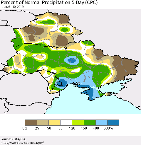 Ukraine, Moldova and Belarus Percent of Normal Precipitation 5-Day (CPC) Thematic Map For 6/6/2019 - 6/10/2019