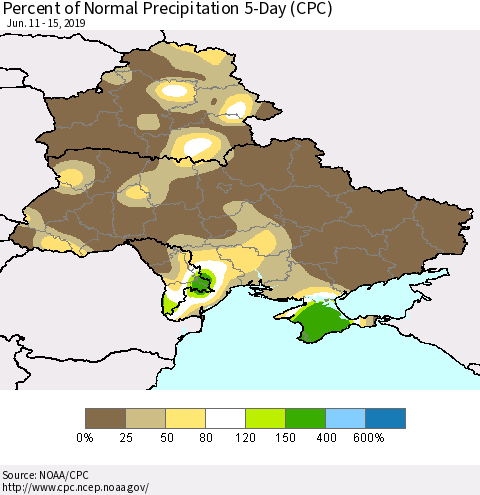 Ukraine, Moldova and Belarus Percent of Normal Precipitation 5-Day (CPC) Thematic Map For 6/11/2019 - 6/15/2019