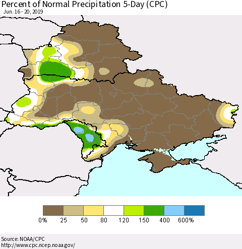 Ukraine, Moldova and Belarus Percent of Normal Precipitation 5-Day (CPC) Thematic Map For 6/16/2019 - 6/20/2019