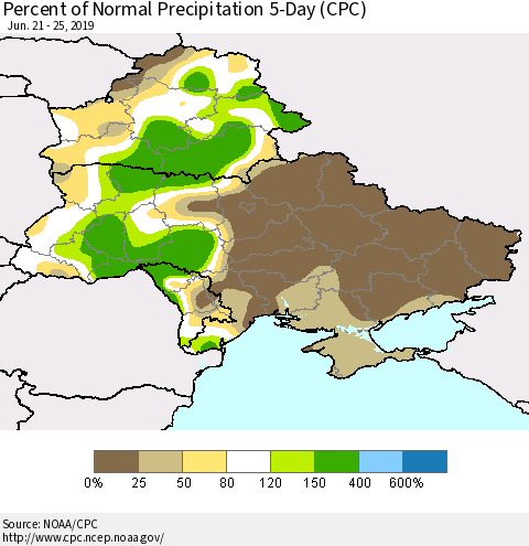 Ukraine, Moldova and Belarus Percent of Normal Precipitation 5-Day (CPC) Thematic Map For 6/21/2019 - 6/25/2019