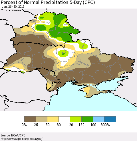 Ukraine, Moldova and Belarus Percent of Normal Precipitation 5-Day (CPC) Thematic Map For 6/26/2019 - 6/30/2019