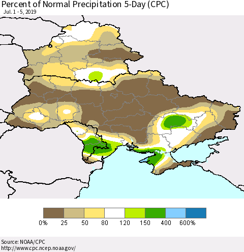 Ukraine, Moldova and Belarus Percent of Normal Precipitation 5-Day (CPC) Thematic Map For 7/1/2019 - 7/5/2019