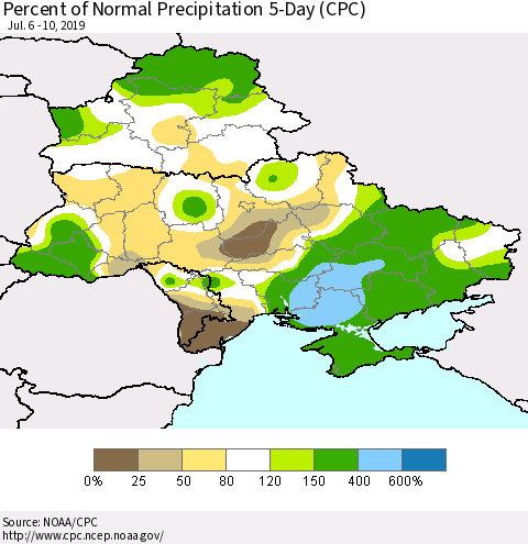Ukraine, Moldova and Belarus Percent of Normal Precipitation 5-Day (CPC) Thematic Map For 7/6/2019 - 7/10/2019