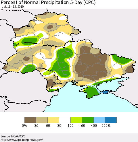 Ukraine, Moldova and Belarus Percent of Normal Precipitation 5-Day (CPC) Thematic Map For 7/11/2019 - 7/15/2019