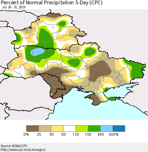 Ukraine, Moldova and Belarus Percent of Normal Precipitation 5-Day (CPC) Thematic Map For 7/26/2019 - 7/31/2019