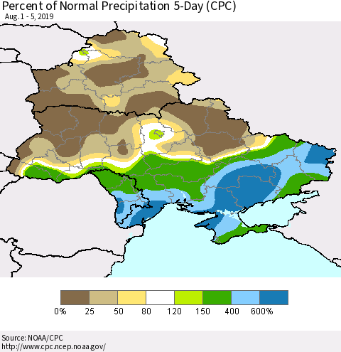 Ukraine, Moldova and Belarus Percent of Normal Precipitation 5-Day (CPC) Thematic Map For 8/1/2019 - 8/5/2019