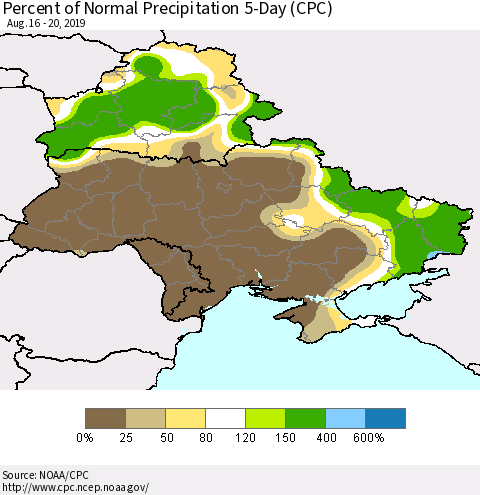 Ukraine, Moldova and Belarus Percent of Normal Precipitation 5-Day (CPC) Thematic Map For 8/16/2019 - 8/20/2019