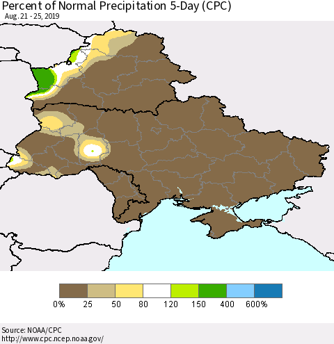 Ukraine, Moldova and Belarus Percent of Normal Precipitation 5-Day (CPC) Thematic Map For 8/21/2019 - 8/25/2019