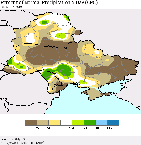 Ukraine, Moldova and Belarus Percent of Normal Precipitation 5-Day (CPC) Thematic Map For 9/1/2019 - 9/5/2019