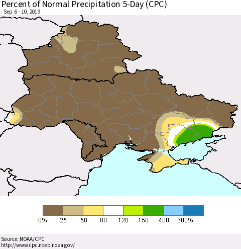 Ukraine, Moldova and Belarus Percent of Normal Precipitation 5-Day (CPC) Thematic Map For 9/6/2019 - 9/10/2019
