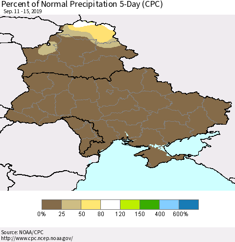 Ukraine, Moldova and Belarus Percent of Normal Precipitation 5-Day (CPC) Thematic Map For 9/11/2019 - 9/15/2019