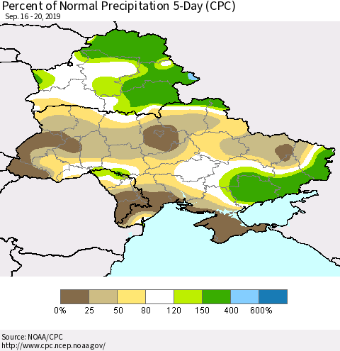Ukraine, Moldova and Belarus Percent of Normal Precipitation 5-Day (CPC) Thematic Map For 9/16/2019 - 9/20/2019