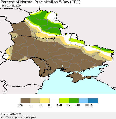 Ukraine, Moldova and Belarus Percent of Normal Precipitation 5-Day (CPC) Thematic Map For 9/21/2019 - 9/25/2019