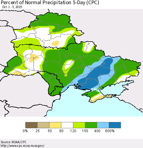 Ukraine, Moldova and Belarus Percent of Normal Precipitation 5-Day (CPC) Thematic Map For 10/1/2019 - 10/5/2019