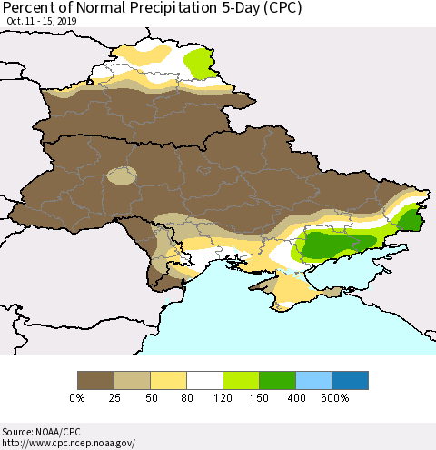 Ukraine, Moldova and Belarus Percent of Normal Precipitation 5-Day (CPC) Thematic Map For 10/11/2019 - 10/15/2019