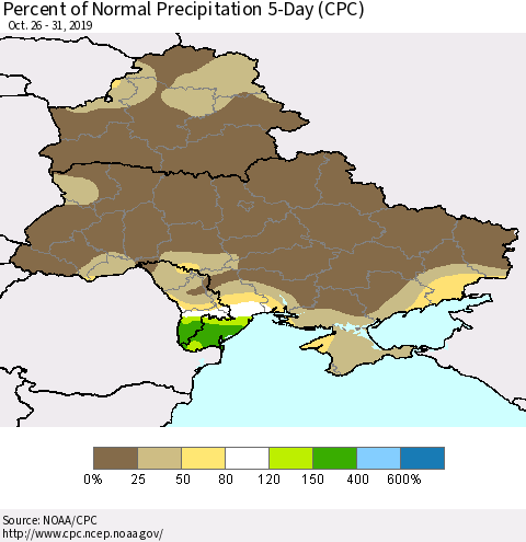 Ukraine, Moldova and Belarus Percent of Normal Precipitation 5-Day (CPC) Thematic Map For 10/26/2019 - 10/31/2019