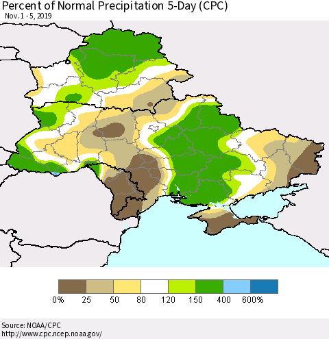 Ukraine, Moldova and Belarus Percent of Normal Precipitation 5-Day (CPC) Thematic Map For 11/1/2019 - 11/5/2019