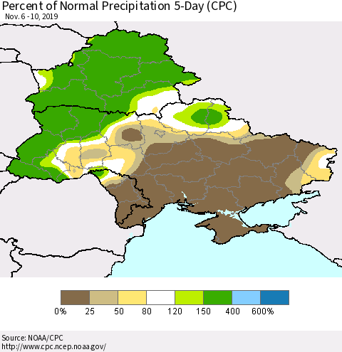 Ukraine, Moldova and Belarus Percent of Normal Precipitation 5-Day (CPC) Thematic Map For 11/6/2019 - 11/10/2019