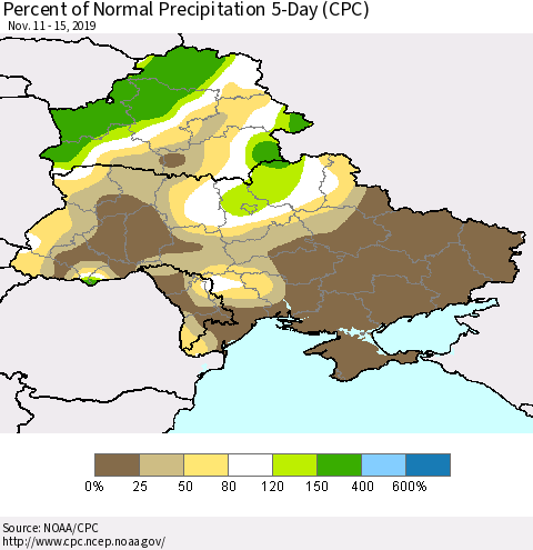 Ukraine, Moldova and Belarus Percent of Normal Precipitation 5-Day (CPC) Thematic Map For 11/11/2019 - 11/15/2019