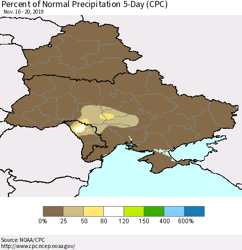 Ukraine, Moldova and Belarus Percent of Normal Precipitation 5-Day (CPC) Thematic Map For 11/16/2019 - 11/20/2019