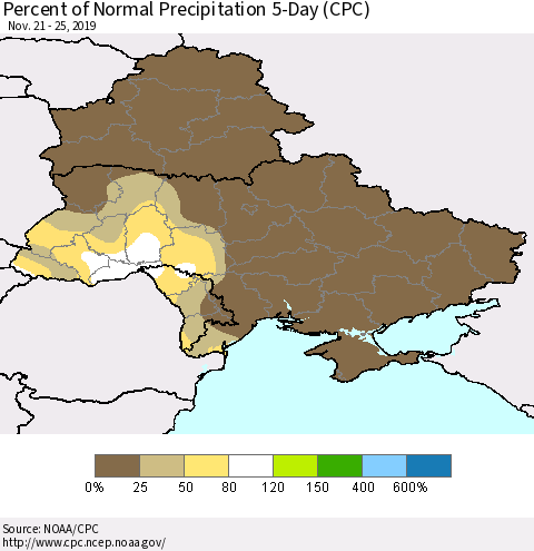 Ukraine, Moldova and Belarus Percent of Normal Precipitation 5-Day (CPC) Thematic Map For 11/21/2019 - 11/25/2019