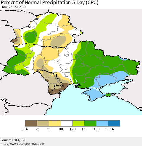 Ukraine, Moldova and Belarus Percent of Normal Precipitation 5-Day (CPC) Thematic Map For 11/26/2019 - 11/30/2019