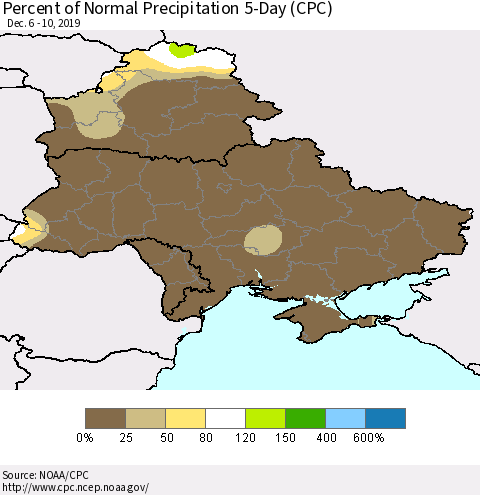 Ukraine, Moldova and Belarus Percent of Normal Precipitation 5-Day (CPC) Thematic Map For 12/6/2019 - 12/10/2019