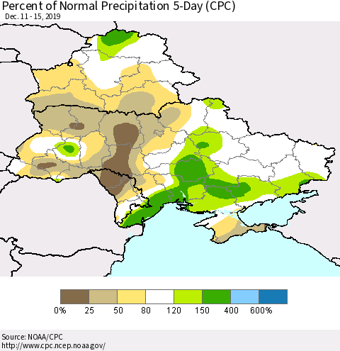 Ukraine, Moldova and Belarus Percent of Normal Precipitation 5-Day (CPC) Thematic Map For 12/11/2019 - 12/15/2019