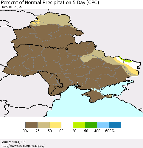 Ukraine, Moldova and Belarus Percent of Normal Precipitation 5-Day (CPC) Thematic Map For 12/16/2019 - 12/20/2019