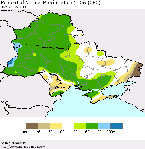Ukraine, Moldova and Belarus Percent of Normal Precipitation 5-Day (CPC) Thematic Map For 12/21/2019 - 12/25/2019