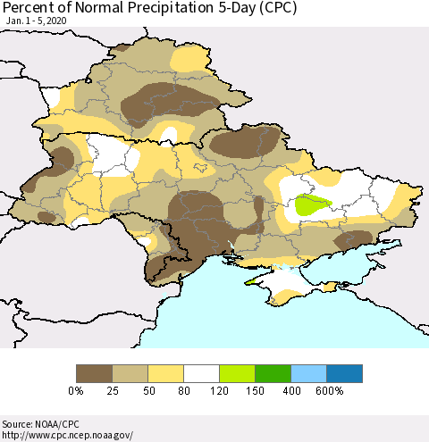 Ukraine, Moldova and Belarus Percent of Normal Precipitation 5-Day (CPC) Thematic Map For 1/1/2020 - 1/5/2020