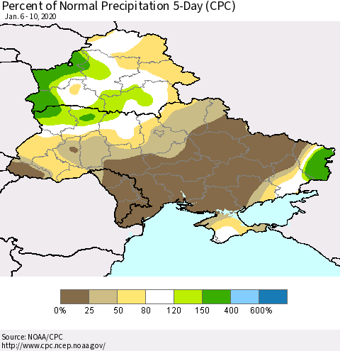 Ukraine, Moldova and Belarus Percent of Normal Precipitation 5-Day (CPC) Thematic Map For 1/6/2020 - 1/10/2020