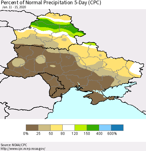 Ukraine, Moldova and Belarus Percent of Normal Precipitation 5-Day (CPC) Thematic Map For 1/11/2020 - 1/15/2020