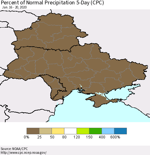 Ukraine, Moldova and Belarus Percent of Normal Precipitation 5-Day (CPC) Thematic Map For 1/16/2020 - 1/20/2020