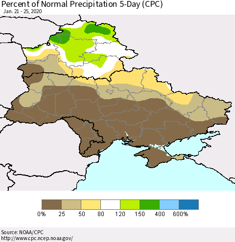 Ukraine, Moldova and Belarus Percent of Normal Precipitation 5-Day (CPC) Thematic Map For 1/21/2020 - 1/25/2020