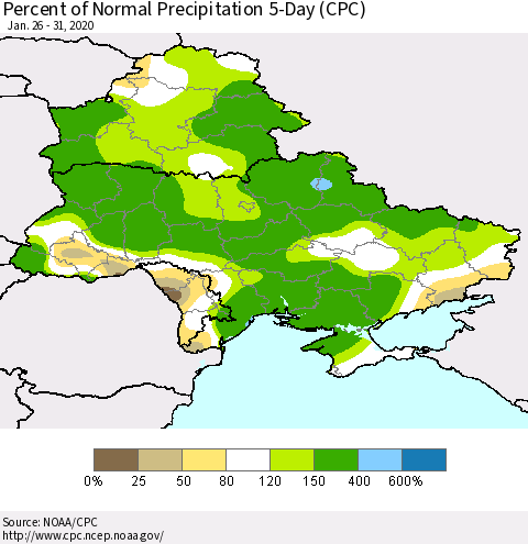 Ukraine, Moldova and Belarus Percent of Normal Precipitation 5-Day (CPC) Thematic Map For 1/26/2020 - 1/31/2020